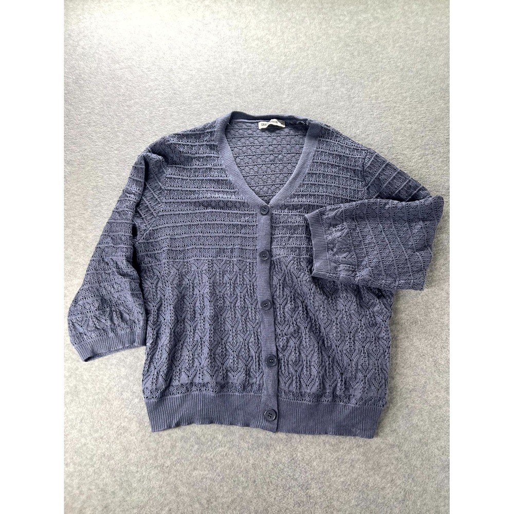 Grace Karin Cardigan Sweater Womens XL Blue Textured Ribbed Crochet Knit Cozy